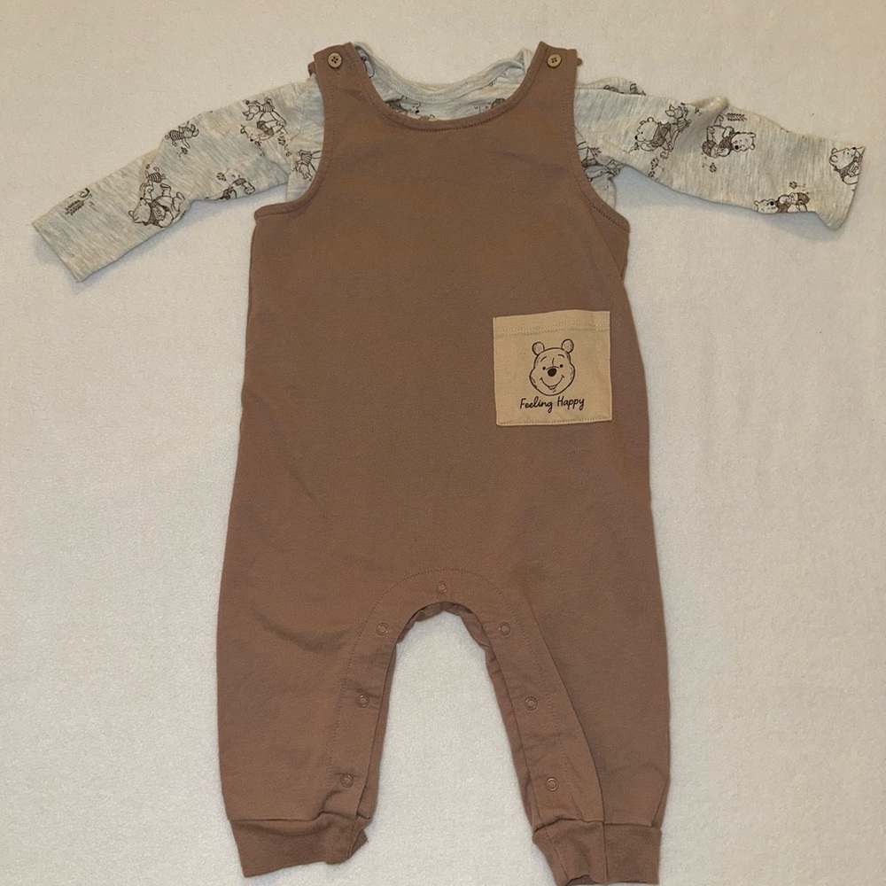 Disney Winnie the Pooh Brown Cotton Overalls 2pc Neutral Set Baby 18M